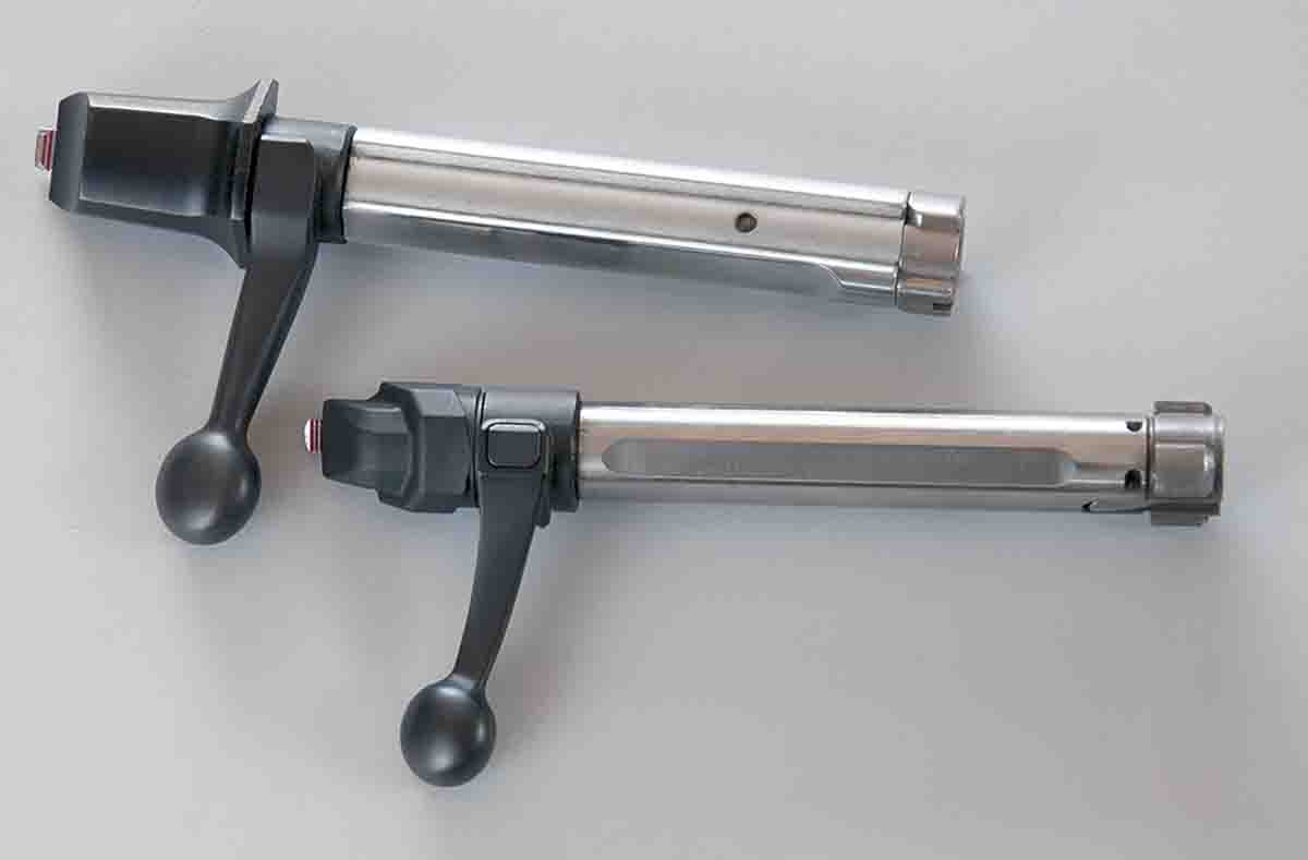 The A-Bolt II bolt (top) features a rotating bolt sleeve while the newer X-Bolt bolt (bottom) is narrower and round in profile. Note the difference in the size of the bolt shroud.